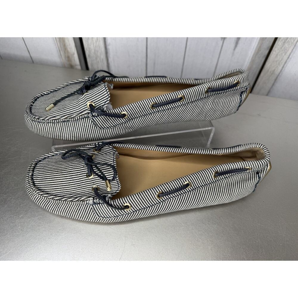 Talbots Boat Shoes Loafer Navy & White Striped Canvas & Leather Trim Sz 8.5